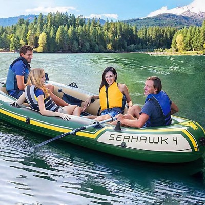 Intex Seahawk 4 Person Inflatable Boat Set Fishing Kayak Raft with Oars and Pump for Lake and River